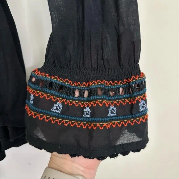 Free People On Holiday Embroidered Tunic Tribal Tassel Top Black - Picture 10 of 15